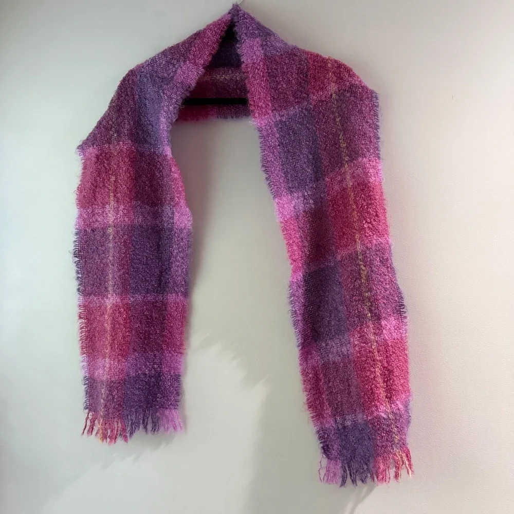 Cushendale Plaid Scarf Womens OS Pink Purple Wool Ireland Boucle Fringe